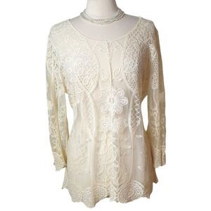 Cato Womens Lace Tunic Top Lg Ivory Chic Floral Long Sleeve Sheer Boho Festival